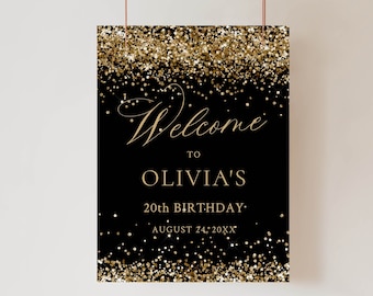 Golden Birthday Party Welcome Sign, Black and Gold Welcome Sign Party, Gold Glitter Birthday Party Sign, Birthday Poster Decoration Editable
