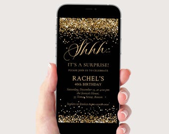 Schwarz und Gold Glitter Überraschung Geburtstagseinladung Vorlage, Digitale Einladung