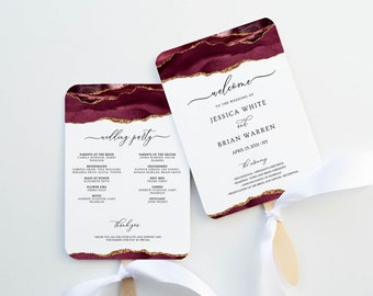 Burgundy and Gold Fan Programs for Wedding, Fan Program Template, Order of Service, Ceremony Program, Agate Wedding, Printable, Downloadable