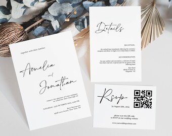 Minimalist Wedding Invitation Suite, QR Code RSVP (Digital Template)