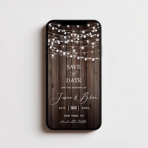 Rustic Save the Date for Phone, Editable Electronic Template with String Lights
