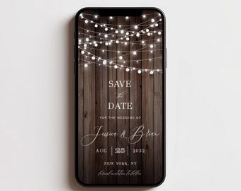 Rustikale Save-the-Date-Hochzeitseinladung mit Lichterkette, Einladung für den Garten, bearbeitbare digitale Vorlage