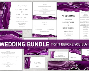 Wedding Invitation Kit Template, Wedding Invitation Bundle, Wedding Invitation Set, Purple Wedding Invitation, Purple and Silver, Download