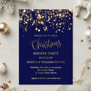 May include: A navy blue Christmas dinner party invitation with gold text and a sparkling gold border. The invitation includes the date, time, and location. Decorative elements include ornaments, stars, and reindeer.