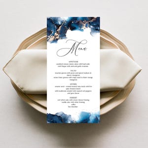 Modello di menu per matrimonio, menu per matrimonio blu, menu per cena, menu stampabile, menu astratto blu, modificabile - M010