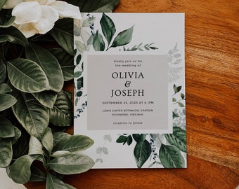 OLIVIA - Invitation de mariage botanique, feuillage d'invitation de mariage, verdure d'invitation de mariage, modifiable, imprimable, téléchargement immédiat