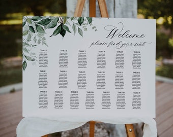 Wedding Seating Chart 19 tables, Wedding Seating Chart Greenery, Table Seating Chart, Seating Chart Template Editable Text, Digital Download