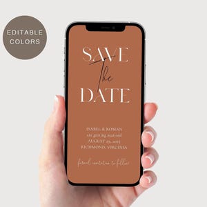 May include: A mobile phone screen displaying a save the date announcement for a wedding. The background is a burnt orange color with white text that reads "Save the Date", "Isabel & Roman are getting married", "August 29, 2015", "Richmond, Virginia", and "formal invitations to follow".