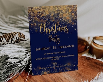 Christmas Party Invitation Template, Blue Christmas Invitation, Download, Gold Lights, Bokeh, Shimmery, Printable, Editable with Templett
