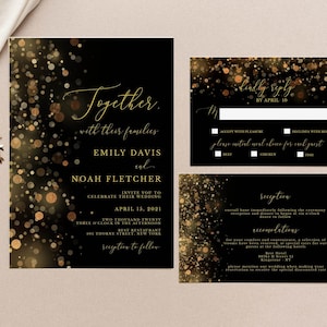 Black and Gold Wedding Invitation Template, Wedding Invitation Suite, Wedding Invitation Glitter, Gold Bokeh, Editable, Instant Download