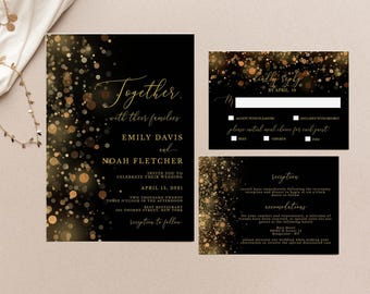 Black and Gold Wedding Invitation Template, Wedding Invitation Suite, Wedding Invitation Glitter, Gold Bokeh, Editable, Instant Download
