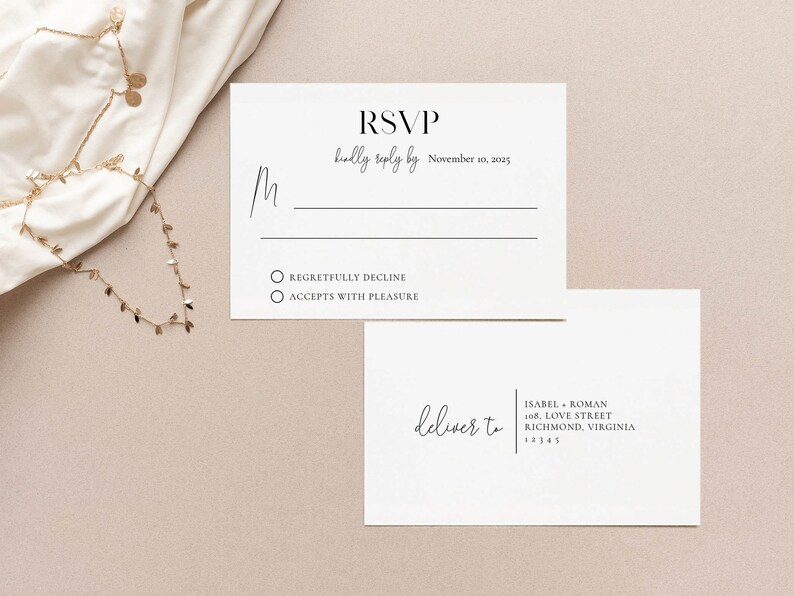 May include: A white RSVP card with black text. The text reads "RSVP kindly reply by November 10, 2025". There are two checkboxes with the text "Regretfully Decline" and "Accepts with Pleasure". A white envelope with black text reads "deliver to ISABEL ROMAN 108 LOVE STREET RICHMOND, VIRGINIA 12345".