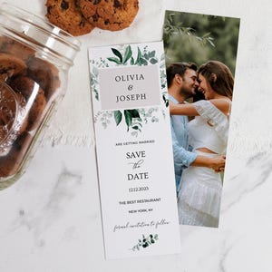 OLIVIA - Save the Date Bookmark Template, Save the Date with Photo, Bookmark with Photo, Botanical, Greenery, Editable, Instant Download