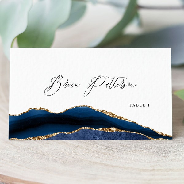 Wedding Place Card Template, Place Name Card, Digital Download, Navy Blue Place Card, Watercolor Place Card, Edit it Yourself
