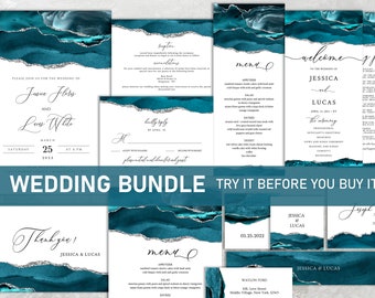 Teal and Silver Wedding Invitation Kits, Wedding Invitation Bundle, Wedding Invitation Suite, Invitation Template, Instant Download