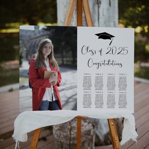 May include: A graduation seating chart on an easel. The sign reads "Class of 2025 Congratulations" with a graduation cap graphic. The left side features a photo of a person in a red coat. The right side lists names under table numbers.