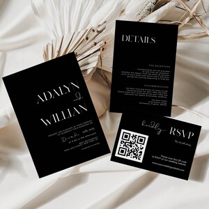 May include: Black and white wedding invitation cards with a modern design. The cards feature the names "Adalyn & William" and details about the wedding reception, including the date, time, and location. A QR code is included for RSVP.