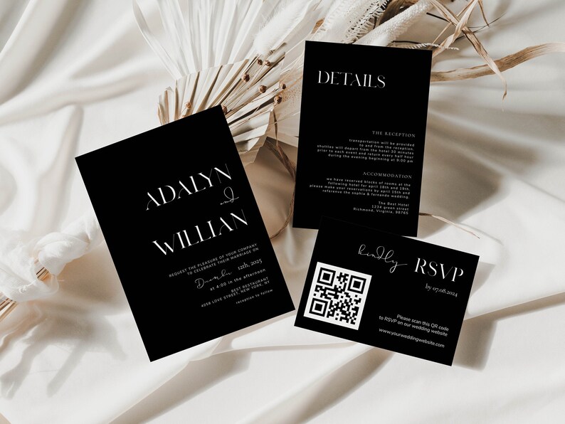 May include: Black and white wedding invitation cards with a modern design. The cards feature the names "Adalyn & William" and details about the wedding reception, including the date, time, and location. A QR code is included for RSVP.