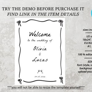 May include: A black and white printable wedding welcome sign with the text "Welcome to the wedding of Olivia & Lucas" and the date "04.05.2026". The sign is framed with a simple black border and has two bows at the top.