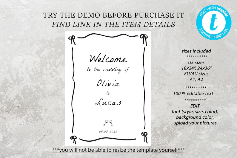 May include: A black and white printable wedding welcome sign with the text "Welcome to the wedding of Olivia & Lucas" and the date "04.05.2026". The sign is framed with a simple black border and has two bows at the top.