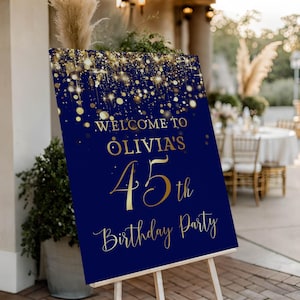 Välkomstskylt för 45-årsdag, blå och guldfärgad festdekoration (digital nedladdning)