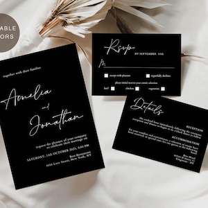Black Wedding Invitation Suite, Wedding Invitation Black and White, Modern Wedding Invitation Set Black, Editable Template, Instant Download