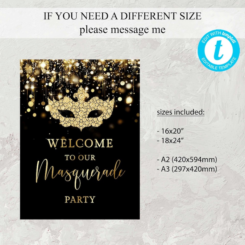 Black and Gold Masquerade Party Welcome Sign Editable, Personalize ...