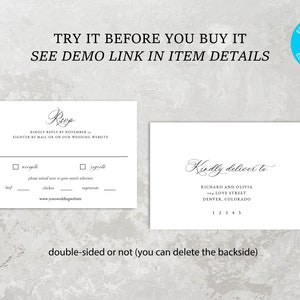 May include: A double-sided wedding RSVP card with a black and white design. The front side features the text "RSVP" in a cursive font and instructions for guests to reply by a specific date. The back side includes the text "Kindly deliver to" followed by the names and address of the wedding couple.