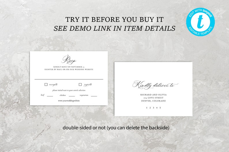 May include: A double-sided wedding RSVP card with a black and white design. The front side features the text "RSVP" in a cursive font and instructions for guests to reply by a specific date. The back side includes the text "Kindly deliver to" followed by the names and address of the wedding couple.