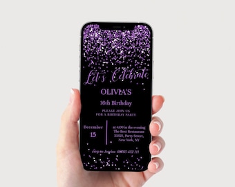 Digital Birthday Invitation Template, Purple Birthday Invite, Electronic Birthday Invitation, Birthday Invitation Glitter, Digital Download