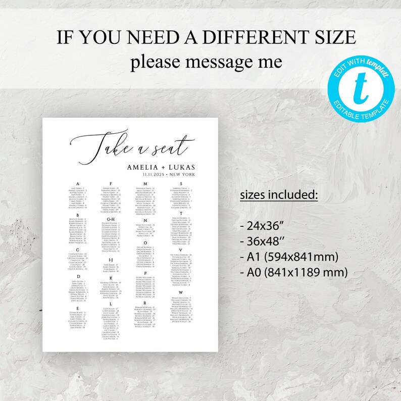 Seating Letters Alphabetical Wedding Seating Chart Sign, Editable Template (digital ...