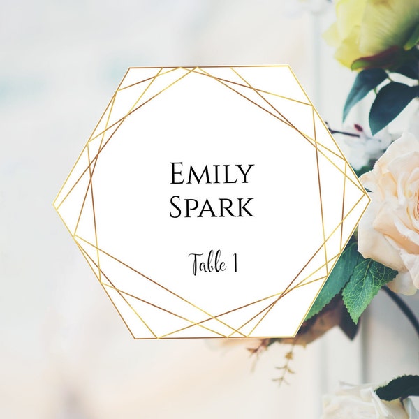 Gold Wedding Place Cards, Hexagon Place Cards, Place Cards Template, Download, Printable, Editable online with free Templett app