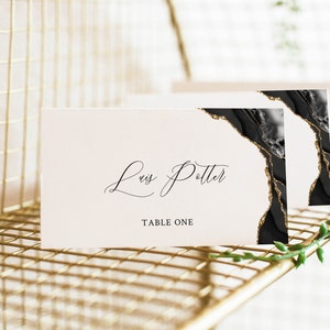 Modelo de cartão de casamento, modelo de cartão de lugar plano, tenda de modelo de cartão de visita, cartão de lugar preto e dourado, download instantâneo, texto editável
