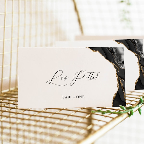 Wedding Place Card Template, Place Card Template Flat, Name Card Template Tent, Black and Gold Place Card, Instant Download, Editable Text