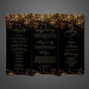Trifold Wedding Program Template, Ceremony Program Black and Gold, Brochure Wedding Program, Tri-Fold Program, Editable, Instant Download