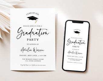 Puede incluir: Una invitación a una fiesta de graduación con un icono de gorro de graduación negro y el texto "Clase de 2025". La invitación es para una fiesta en honor a Arkelia Warren el viernes 20XX de mayo a las 4:00 PM en el hogar de la familia Warren. Confirma tu asistencia antes del 10 de mayo a Sophia al 000-000-0000.