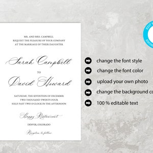 May include: A wedding invitation template with a white background and black text. The text includes the names "Sarah Campbell" and "David Howard", the date "Saturday, the Seventeenth of December Two Thousand Twenty-Four", and the time "Half Past Two O'Clock in the Afternoon". The invitation also includes the location "Happy Restaurant, Denver, Colorado" and the phrase "Reception to follow".