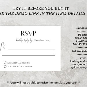May include: A white RSVP card with black text. The text reads "RSVP kindly reply by November 10, 2025". There are two radio buttons below the text, one for "Regretfully Decline" and one for "Accepts with Pleasure".