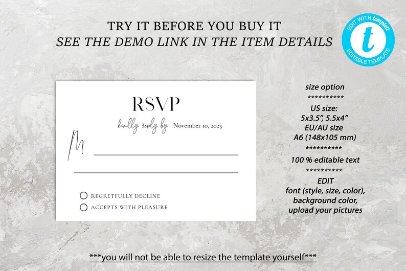 May include: A white RSVP card with black text. The text reads "RSVP kindly reply by November 10, 2025". There are two radio buttons below the text, one for "Regretfully Decline" and one for "Accepts with Pleasure".