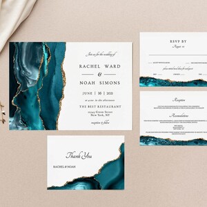 Wedding invitation bundle Teal and Gold, Wedding invitation kit, Wedding invitation suite agate, Invitation suite template, Instant Download image 3