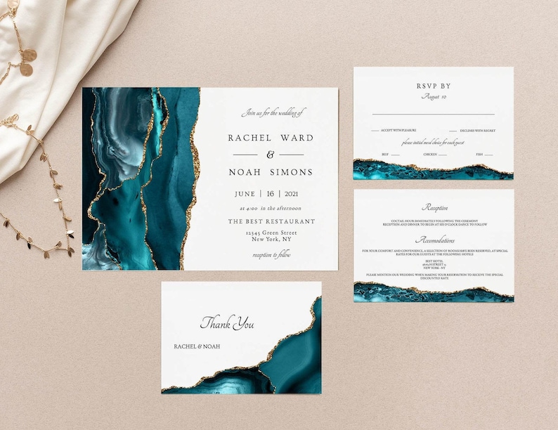 Wedding invitation bundle Teal and Gold, Wedding invitation kit, Wedding invitation suite agate, Invitation suite template, Instant Download image 3