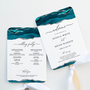 Petrol und Silber Fan-Programme für Hochzeit, Order of Service, Fan-Hochzeitsprogramm-Vorlage, druckbares Zeremonieprogramm, bearbeitbar, herunterladbar