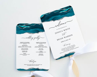 Teal and Silver Fan Programs for Wedding, Order of Service, Fan Wedding Program Template, Printable Ceremony Program, Editable, Downloadable
