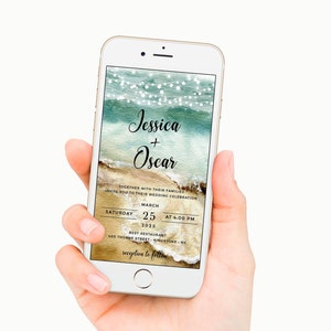 May include: A digital wedding invitation with a beach theme. The invitation features a watercolor background with a sandy beach, ocean waves, and a string of lights. The text reads "Jessica + Oscar" and includes the date, time, and location of the wedding.