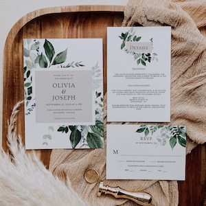 OLIVIA - 植物の結婚式招待状セット、緑の結婚式招待状テンプレート、葉の結婚式招待状スイート、編集可能、ダウンロード可能
