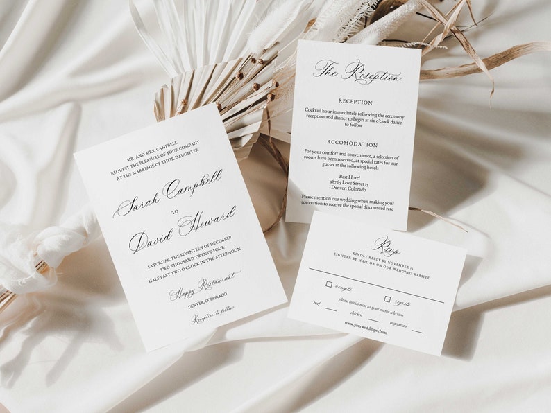 May include: Wedding invitation suite with white cardstock and black calligraphy. The invitation card features the names "Sarah Campbell" and "David Howard" with the date and time of the wedding. The reception card includes details about the reception and accommodation. The RSVP card has a black and white design with a "RSVP" heading and a checkbox for guests to indicate their attendance.