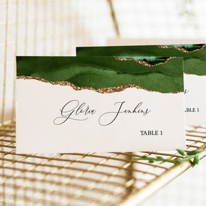 Plantilla de tarjeta de lugar de boda, tarjeta de lugar de vegetación, tarjeta de lugar de boda verde y dorado, ágata verde, tarjeta de lugar editable, tarjeta de nombre de boda