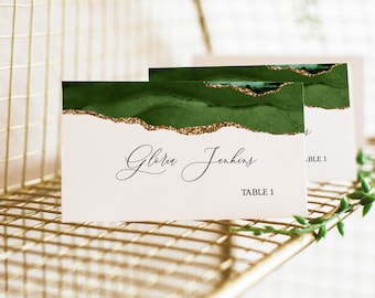 Wedding Place Card Template, Greenery Place Card, Wedding Place Card Green and Gold, Green Agate, Editable Place Card, Wedding Name Card