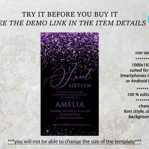 May include: Purple glitter on a black background with the text "Sweet Sixteen" and a birthday invitation for Amelia. The invitation includes the date, time, and location of the party.