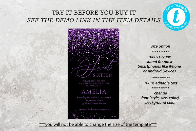 May include: Purple glitter on a black background with the text "Sweet Sixteen" and a birthday invitation for Amelia. The invitation includes the date, time, and location of the party.